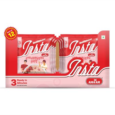 INSTA AHAAR Strawberry Oats - Pack of 12 (38g Each) | Ready-to-Eat | Instant Snack