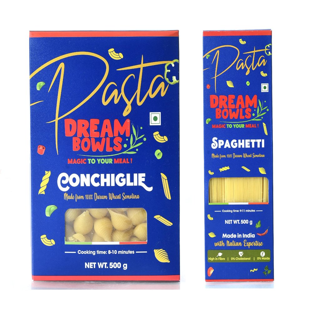 DREAM BOWLS | PASTA SPAGHETTI AND CONCHIGLIE COMBO | 100% Durum Wheat | No Maida | No Preservative | Pack of 2 | 500g each