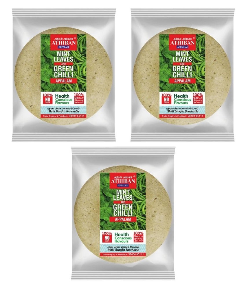 Athiban Appalam 90g Mint & Green Chilli Appalam/Papad| No Soda Added| 4.5 Diameter| Traditionally Handmade. (Pack Of 3)