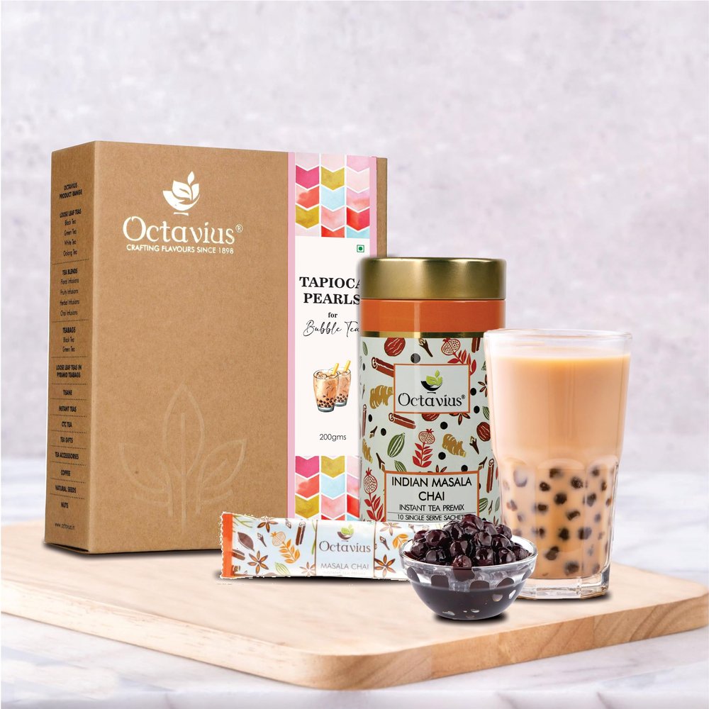 Octavius|Bubble Chai Tea Tapioca Pearls With Masala Chai Premix 10 Sachets & 10 Straw|Bubble Tea, Tapioca Pearls For Bubble Tea, Boba Drink, Bubble Tea Straws, Boba Tea,600 Grams