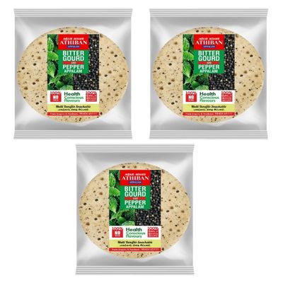 Athiban Appalam 200g Bitter Gourd & Pepper Appalam/Papad| No Soda Added| 5.5 Diameter| Traditionally Handmade. (Pack Of 3)