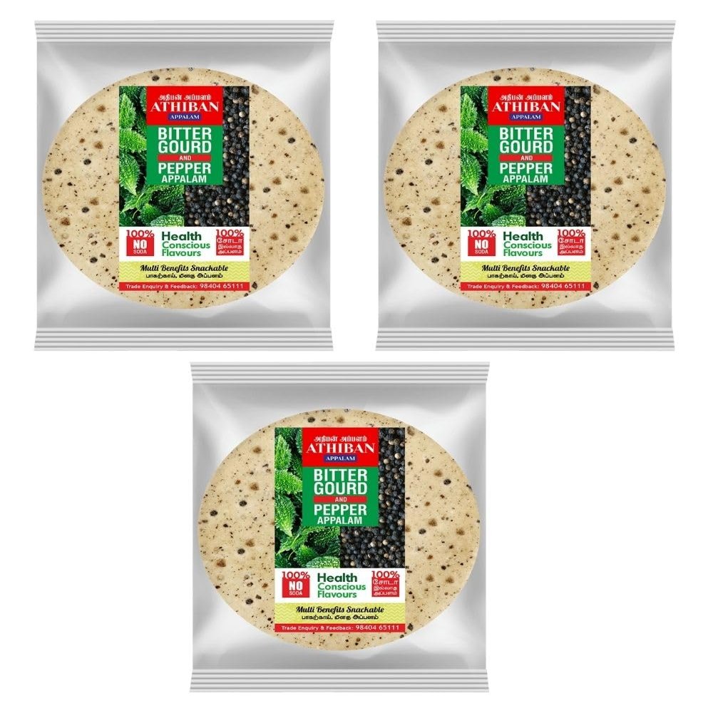 Athiban Appalam 200g Bitter Gourd & Pepper Appalam/Papad| No Soda Added| 5.5 Diameter| Traditionally Handmade. (Pack Of 3)