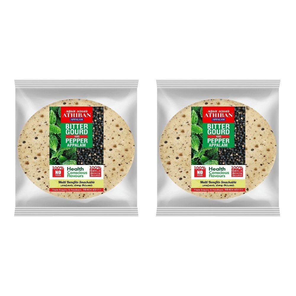 Athiban Appalam 90g Bitter Gourd Appalam/Papad| No Soda Added| 4.5 Diameter| Traditionally Handmade. (Pack Of 2)