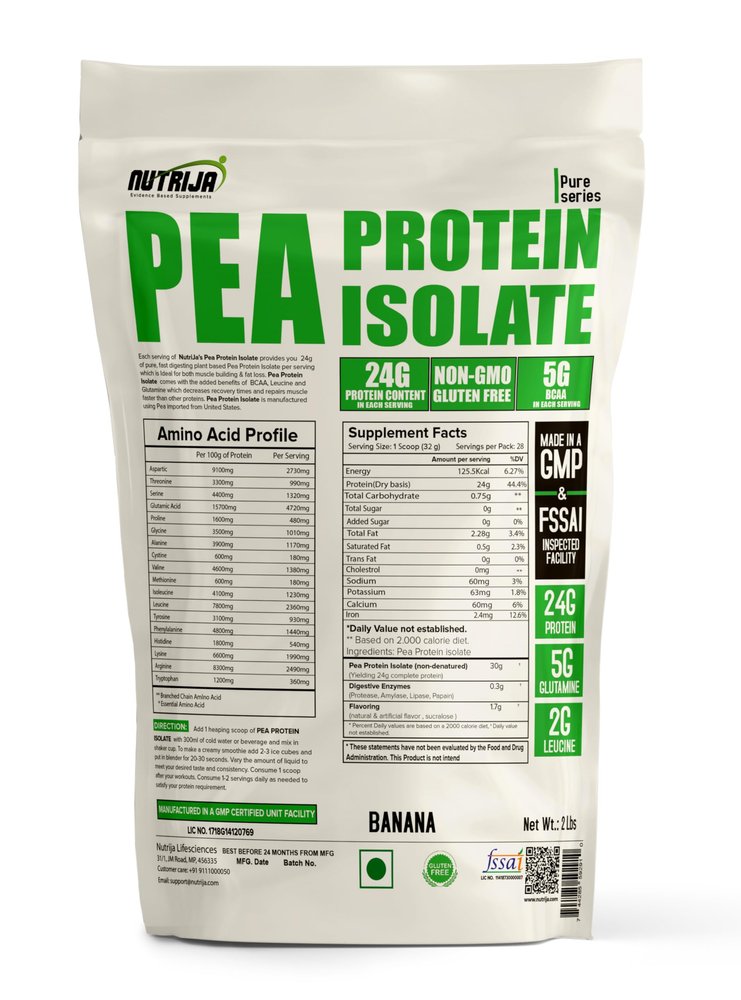 NutriJa Pea Protein Isolate 85% with added Digestive Enzymes 100% Vegan & Plant-Based, BCAAs, Amino Acid, Non-GMO  28 Servings (2 Lbs (Banana))