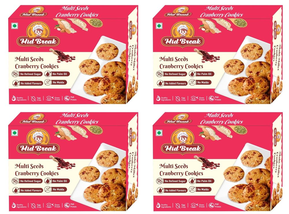 Midbreak Multi Seeds Cranberry Oats Cookies - Gluten-Free, No Refined Sugar, Made with Sorghum, Almond, and Oats Flour - Healthy, Nutritious, and Delicious | Pack of 4 | 800g