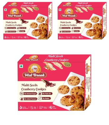 Midbreak Multi Seeds Cranberry Oats Cookies - Gluten-Free, No Refined Sugar, Made with Sorghum, Almond, and Oats Flour - Healthy, Nutritious, and Delicious | Pack of 3 | 600g
