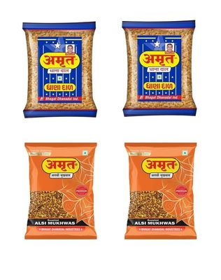 AMRUT Combo Of Dhanadal (200gm X 2 = 400g) + Alsi Mukhwas (200gm X 2 = 400g) (Pack Of 4) Roasted Split Coriander Seeds & Alsi Mukhwas Mouth Freshener After-Meal Snacks