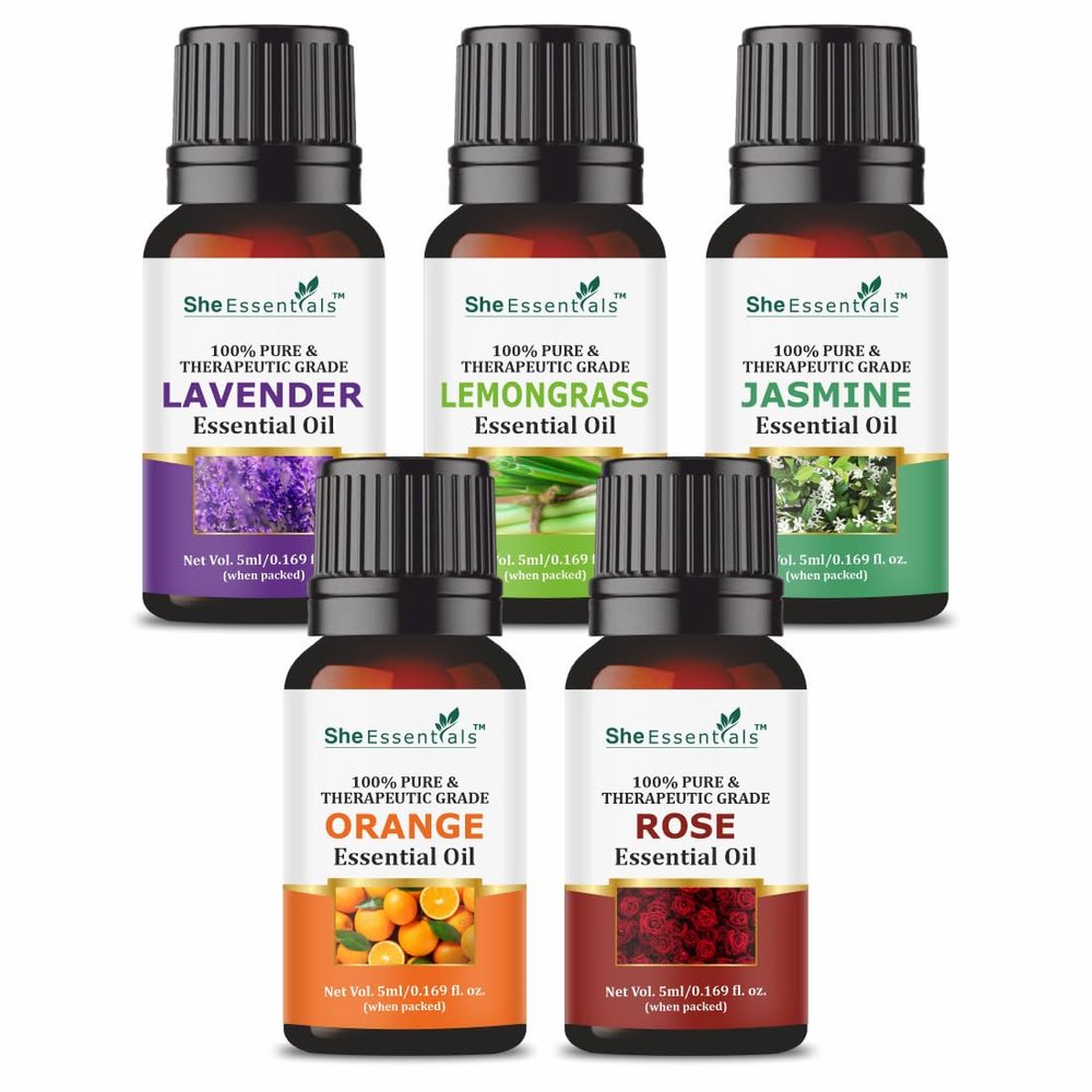 She Essentials Combos of Essential Oils - 15ml (Lavender, Lemongrass, Jasmine, Orange & Rose)