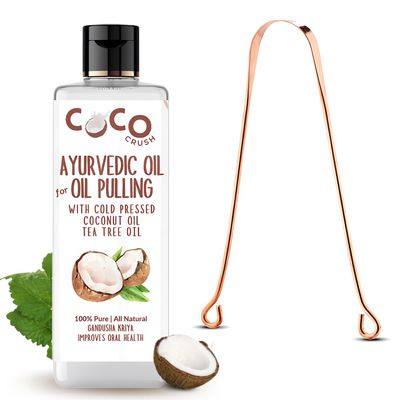 COCO CRUSH Ayurvedic Coconut & Tea Tree Oil for Oil Pulling With Copper Tongue Cleaner | Cold-pressed | Healthy & Strong Gums | Fresher Breath & Whiter Teeth (50ML + Tongue Cleaner)