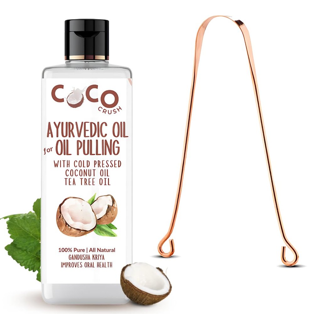COCO CRUSH Ayurvedic Coconut & Tea Tree Oil for Oil Pulling With Copper Tongue Cleaner | Cold-pressed | Healthy & Strong Gums | Fresher Breath & Whiter Teeth (50ML + Tongue Cleaner)