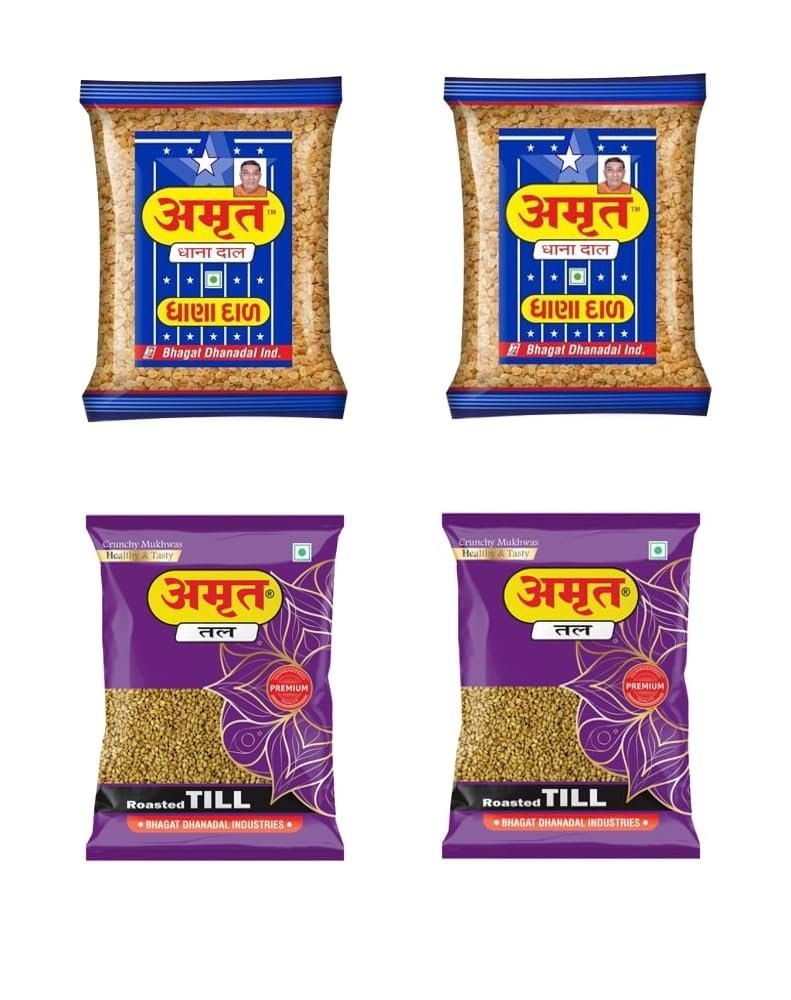 AMRUT Combo Of Dhanadal (200gm X 2 = 400g) + Roasted Till Mukhwas (200gm X 2 = 400g) (Pack Of 4) Mouth Freshener Digestive After-Meal Snacks Roasted Split Coriander Seeds Mukhwas