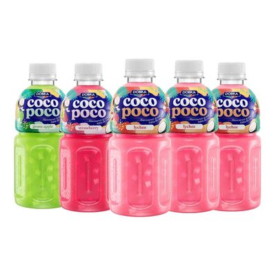 Dobra Coco Poco - Lychee Love Combo | Drink with NATA De Coco|Assorted Flavours - Lychee x3, Strawberry, Green Apple| 320ml x Pack of 5 |