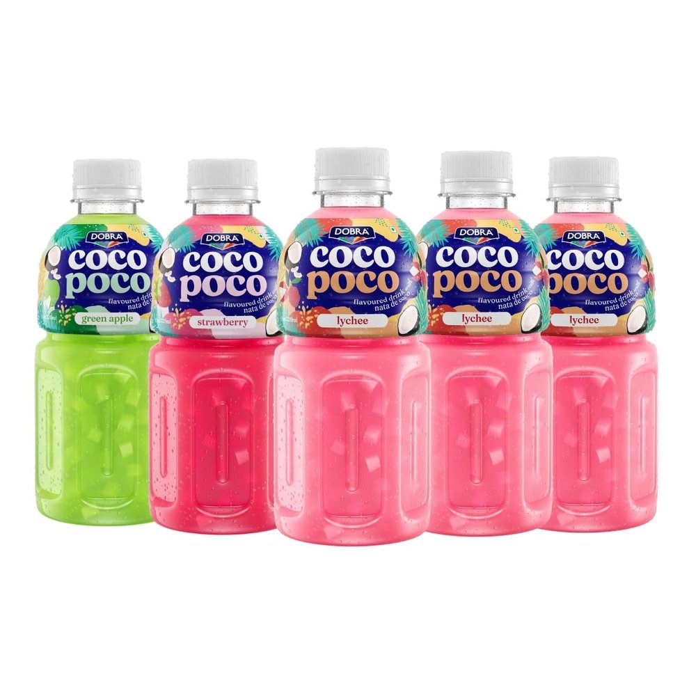 Dobra Coco Poco - Lychee Love Combo | Drink with NATA De Coco|Assorted Flavours - Lychee x3, Strawberry, Green Apple| 320ml x Pack of 5 |