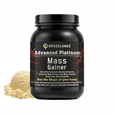 Crosslands Advanced Platinum Mass Gainer | Lean Whey Protein Muscle Mass Gainer | Reduces Muscle Breakdown | High Protein Weight Gainer | Vanila Kulfi Flavour | Pack of 1 (1 Kg)