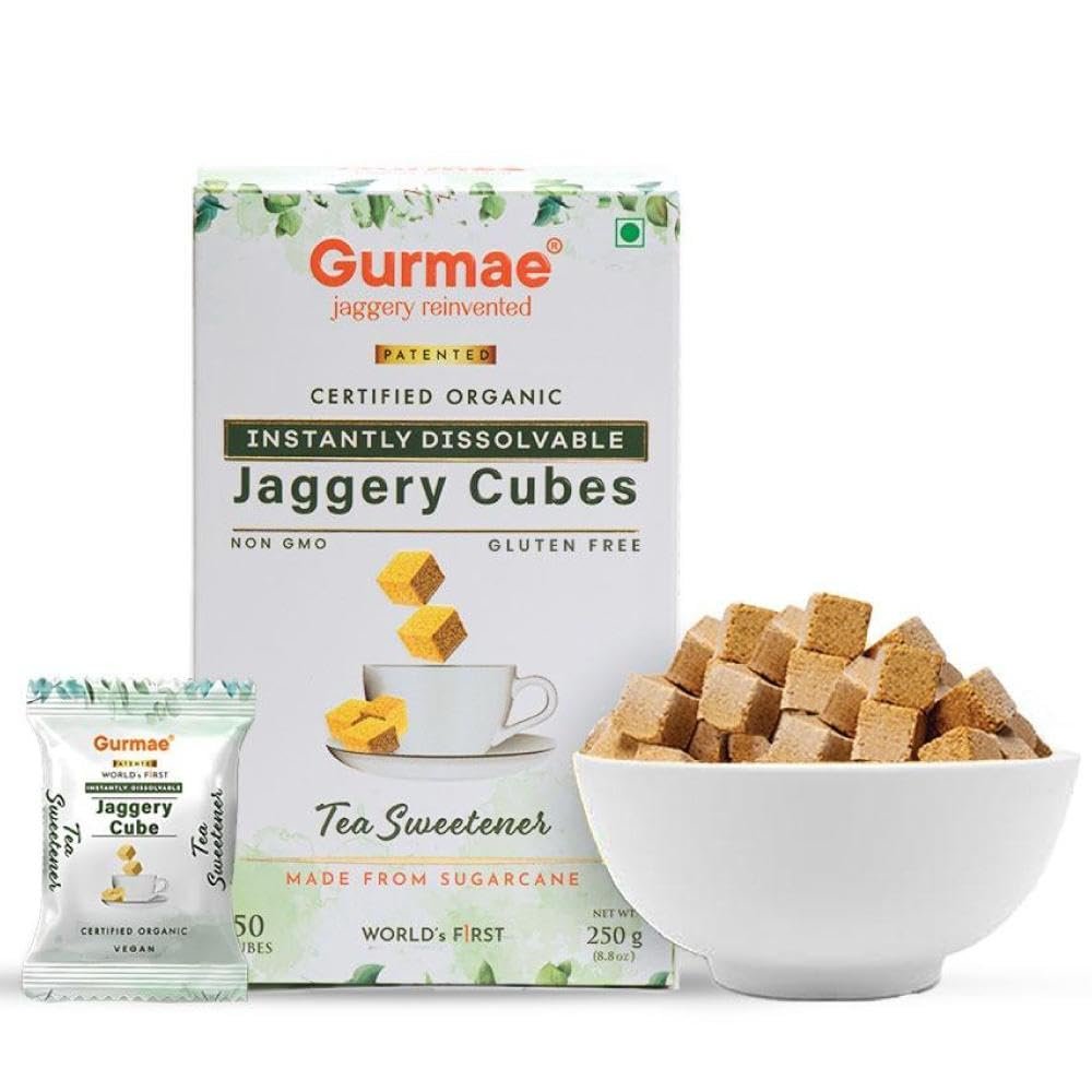 Gurmae Organic Instantly Dissolvable Jaggery Cubes Tea Sweetener Healthy Sugar Subsitute 100% Organic Travel Friendly Gur/Gud (50 Cubes)