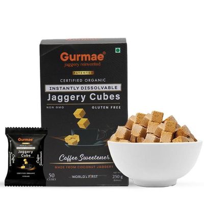 Gurmae Organic Instantly Dissolvable Jaggery Cubes Gur/Gud Healthy Sugar Subsitute 100% Organic Travel Friendly Pure and Natural (Coffee Sweetener) (50 Cubes)