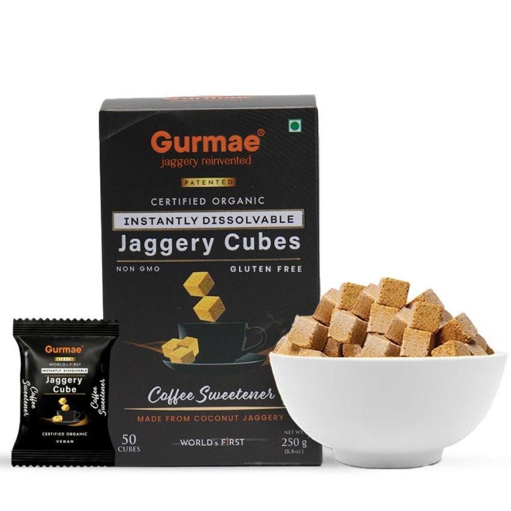 Gurmae Organic Instantly Dissolvable Jaggery Cubes Gur/Gud Healthy Sugar Subsitute 100% Organic Travel Friendly Pure and Natural (Coffee Sweetener) (50 Cubes)