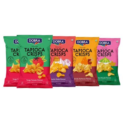 Dobra Tapioca Crisps - Saucy Mix Combo | Cassava Chips | Assorted Flavours - Tangy Tomato x2, Smoky Barbecue x1, Garlic Pickle x1, Desi Wasabi x1 | 60g x Pack of 5 |