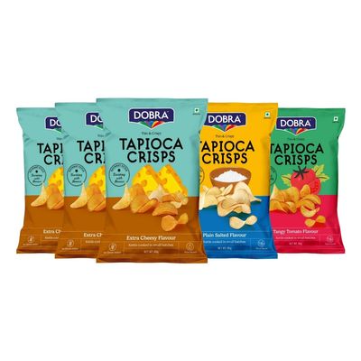 Dobra Tapioca Crisps - Cheesy Time Combo | Cassava Chips | Assorted Flavours - Extra Cheesy x3, Plain Salted x1, Tangy Tomato x1 | 60g x Pack of 5 |