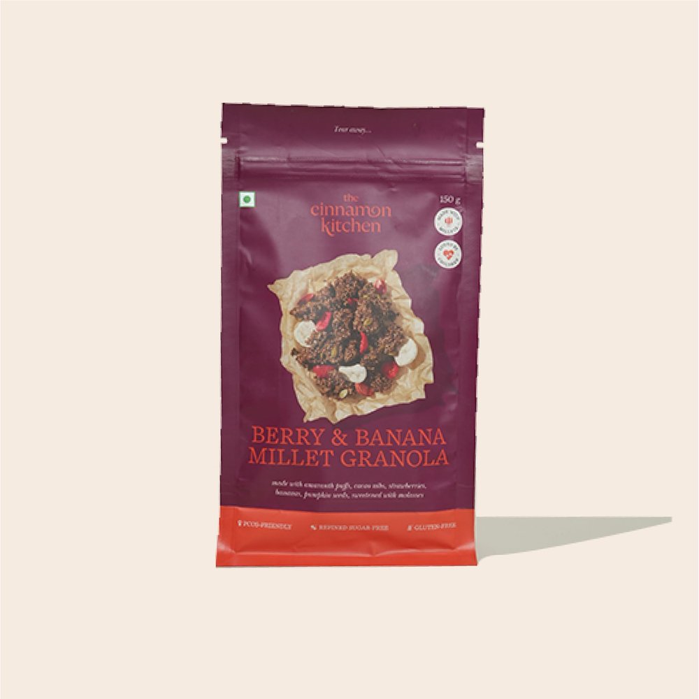 The Cinnamon Kitchen Strawberry & Banana Millet Granola (150 g) | As Seen on Shark Tank India | Ready to Eat Healthy Breakfast Food | 100% Millet Based| Loved By Children