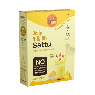bwise365 Daily Milk Mix Sattu - No Refined Sugar, Sattu, Almond-Rich, with Banana, Natural, No Preservatives or Artificial Inputs | 200g