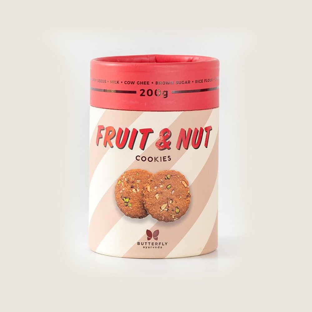 Butterfly Ayurveda Fruit & Nut Cookies Iron Rich Gluten Free Made of Cow Ghee | Nuts Cookies Fruit Cookies with Almond, Cashewnut, Pista, Anjeer, Pistachios | Cashew Cookies Almond Cookies | Healthy Cookies for Adults, Kids Prepared in Our FSSAI Lice