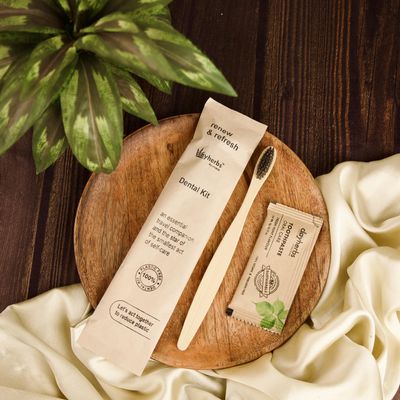 Clayherbs (Pack-50) Sustainable Eco-Friendly Organic Bamboo Toothbrush and Toothpaste Sachet, Natural Flavor, Oral Care Biodegradable & Non-Toxic Hotel Dental Kit For Rooms