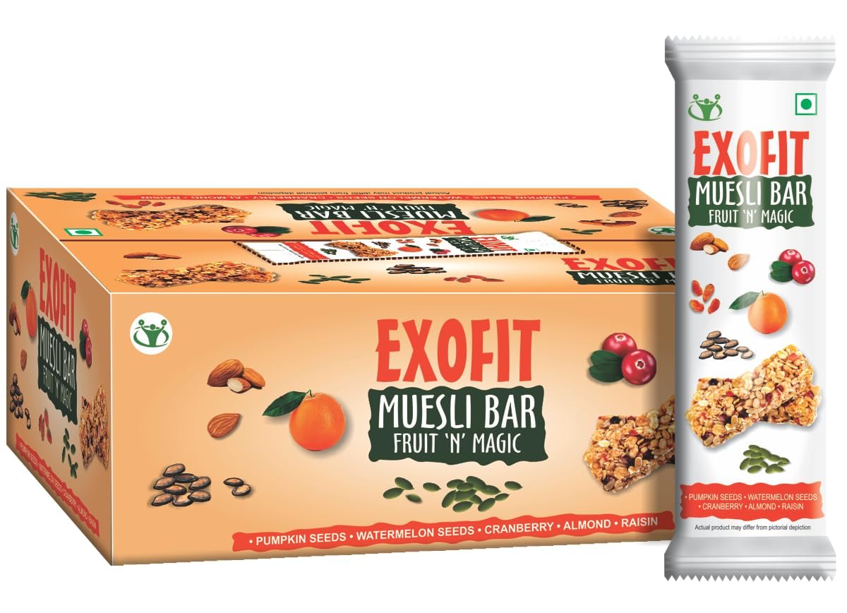 Exofit Muesli Bar l Fruit 'N' Magic bar 210g box, Pack of 6 bars (35g x 6) l High Energy & Nutrition Bars | 6g Protein & 6g Fiber bars