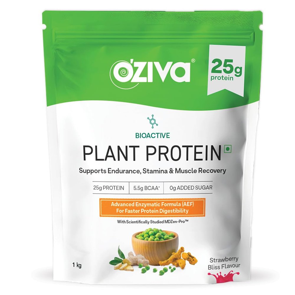 OZiva Bioactive Plant Protein (Strawberry), 1kg | 25g Protein,5.5 BCAA| Pea Isolate| Plant based Protein Powder for Women & Men | Essential Amino Acids| Vegan Protein supplement, Clean, Sugar free