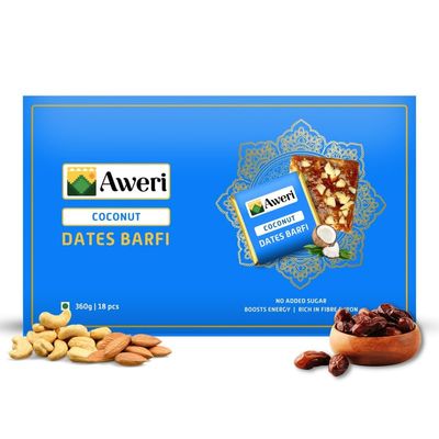 Aweri Coconut Dates Barfi (360 Gram) | No Added Sugar Healthy Date Bite | Dry Fruit Barfi | Dates, Almonds, Cashews, Ghee | Indian Sweet Mithai Gift Pack | Dry Fruits & Nut Gifts | Khajoor Barfi | Date Chikki