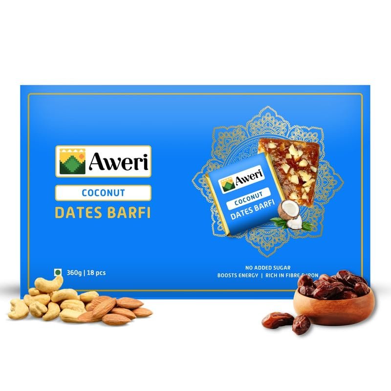 Aweri Coconut Dates Barfi (360 Gram) | No Added Sugar Healthy Date Bite | Dry Fruit Barfi | Dates, Almonds, Cashews, Ghee | Indian Sweet Mithai Gift Pack | Dry Fruits & Nut Gifts | Khajoor Barfi | Date Chikki