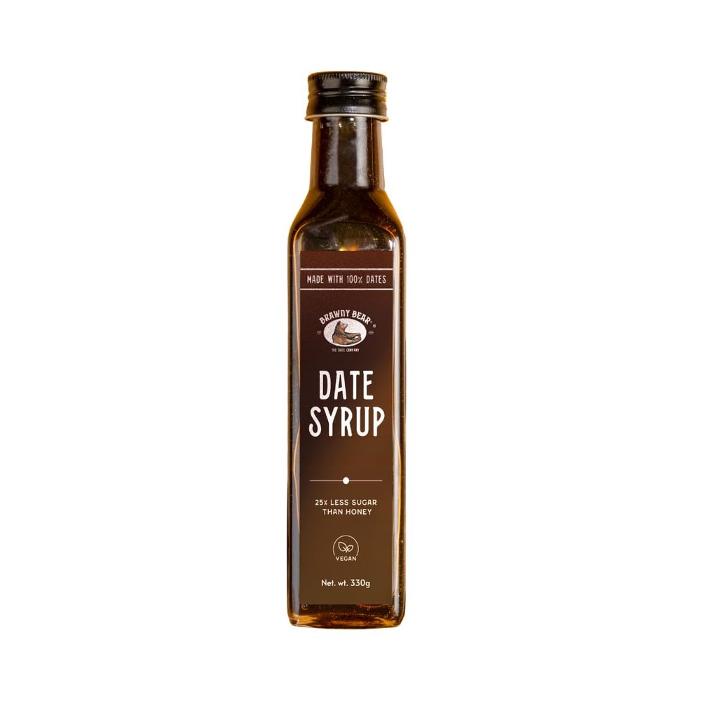 Brawny Bear Date Syrup Honey, Healthy Sugar Substitute, 100% Natural Arabian Date Syrup with No Added Sugar and Preservatives, Vegan, Natural Sweetener for Toppings, Baking, Cooking, Low GI - 330gm