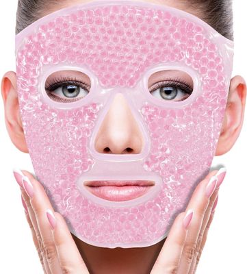 Hidak Cold Face Mask with Gel Beads Reduce Face Puff Dark Circles Reusable Cool Gel Cooling Eye Pads Suitable for Women Facial SPA Ice Face Mask for Sleeping Headaches (Pink Face Mask)