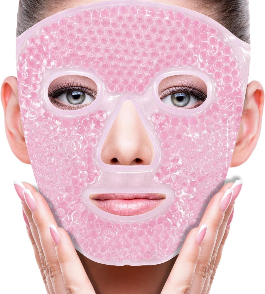 Hidak Cold Face Mask with Gel Beads Reduce Face Puff Dark Circles Reusable Cool Gel Cooling Eye Pads Suitable for Women Facial SPA Ice Face Mask for Sleeping Headaches (Pink Face Mask)