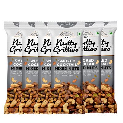 Nutty Gritties Grab And Go Smoked Cocktail Mixed Nuts | 240g (Each Pouch 40g, Pack of 6) Flavoured Almonds, Cashew Nuts, Pistachio Kernel