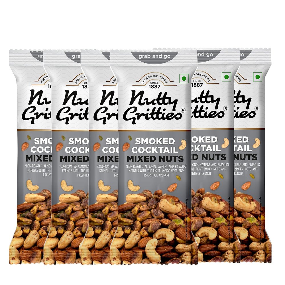 Nutty Gritties Grab And Go Smoked Cocktail Mixed Nuts | 240g (Each Pouch 40g, Pack of 6) Flavoured Almonds, Cashew Nuts, Pistachio Kernel