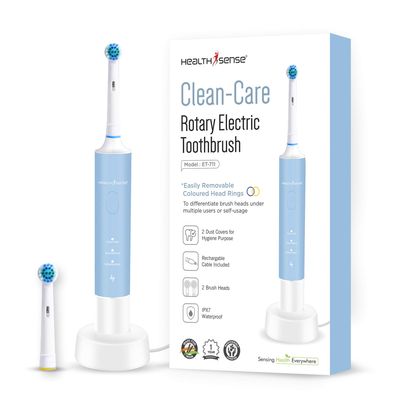 HealthSense Clean-Care Et 711 Rechargeable Rotary Electric Toothbrush For Adults With Extra Brush Head & Dust Cover|Ipx7 Waterproof & 3 Dynamic Cleaning Modes|One Year Warranty,Blue (White and Blue)
