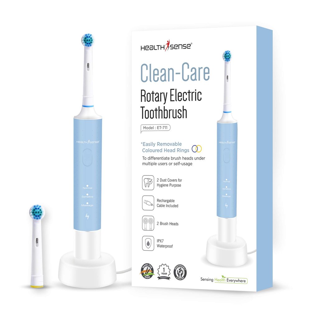 HealthSense Clean-Care Et 711 Rechargeable Rotary Electric Toothbrush For Adults With Extra Brush Head & Dust Cover|Ipx7 Waterproof & 3 Dynamic Cleaning Modes|One Year Warranty,Blue (White and Blue)