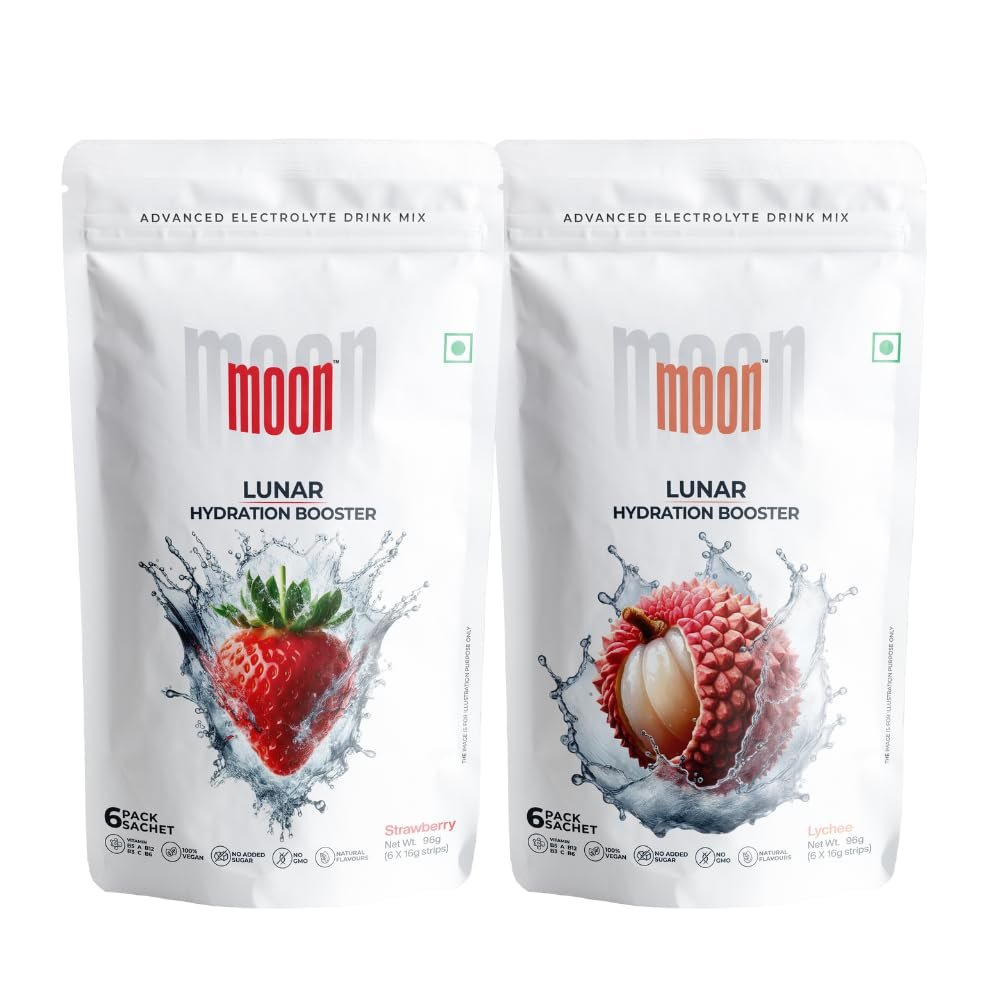 Moon Lunar Strawberry and Lunar Lychee Combo Hydration Booster | Drink Mix With Enriching Nutrients | Low Sugar Energy Drink Mix | 100% Natural & Healthy | Instant Electrolyte Replacement 96g