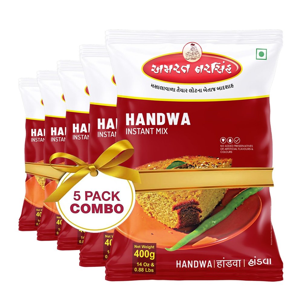 Amrat Narsih Handwa Instant Mix | A Mouth-Watering Breakfast Dish Celebrating Gujarat's Tradition and Flavor | Ready to Cook | Makes 1050 Grams in one serving | A Spicy Cake 400gm (Pack Of 5)