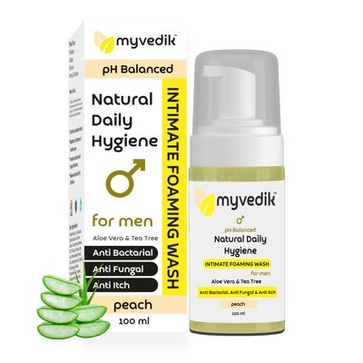 MyVedik pH Balanced Foam Based Intimate Wash for Men | Intimate Hygiene Wash | Anti Bacterial, Anti Fungal Sulphate & Paraben Free | with Aloe Vera and Tea Tree Oil | Peach Fragrance - 100ml