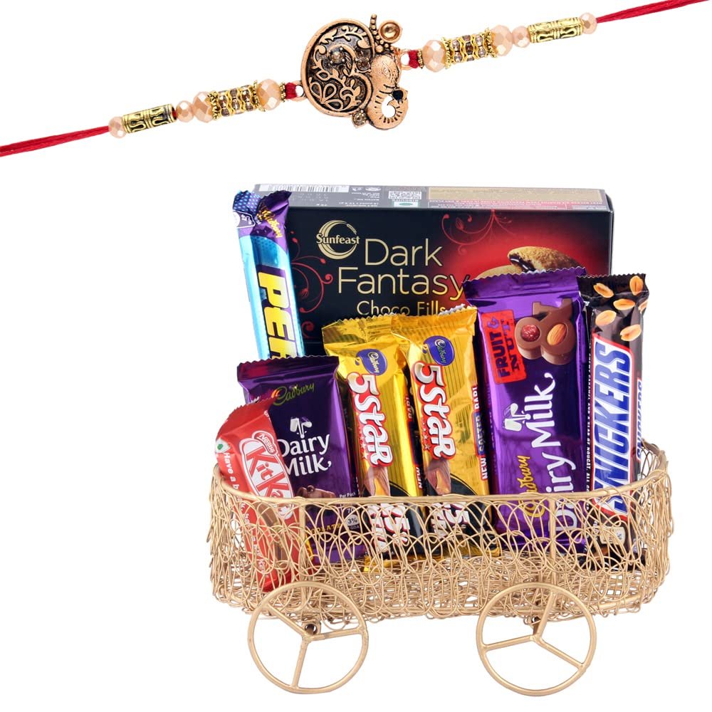 SFU E Com Chcolate Gift Pack With Metal Wire Basket | Rakhi Chocolate Gift For Brother | Ganesh Rakhi With Chocolates | Rakshabandhan Chocolate Gift | 695