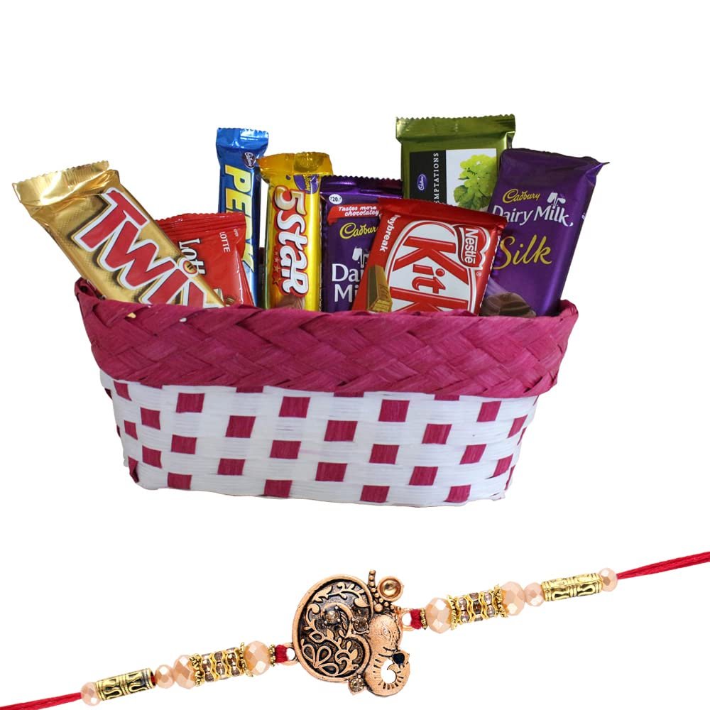 SFU E Com 8 Pieces Chocolate Gift Hamper With Beautiful Basket | Rakhi Chocolate Gift For Brother | Ganesh Rakhi With Chocolates | Rakshabandhan Chocolate Gift | 177