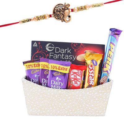 SFU E Com 7 Pieces Chocolates With Golden Wooden Basket | Rakhi Chocolate Gift For Brother | Ganesh Rakhi With Chocolates | Rakshabandhan Chocolate Gift | 247