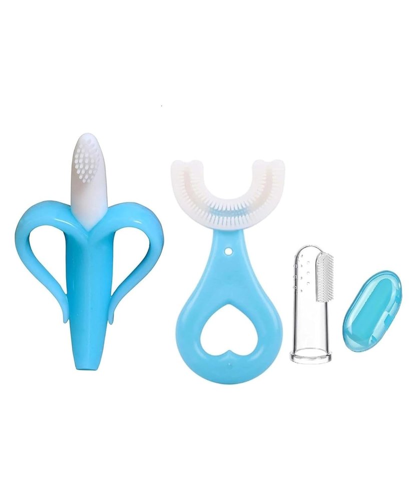 BADAL KIDZ BPA-Free Baby Silicone Finger Brush With U Shaped ToothBrush & Banana Toothbrush Or Teether | Oral Teeth Cleaning Tools For Infants, Kids, New Born Baby & Toddlers (Pack of 3,Blue)