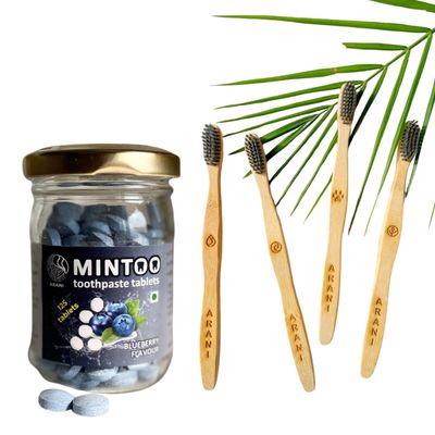 Arani Eco Dental Care Kit Blueberry|4 Adult Size Bamboo Tootbrushes|1 Jar Of Mintoo Blueberry Flavour 125 Tablets|Sulphate And Peg Free Toothpaste Tablets|Biodegradable Manual Toothbrushes