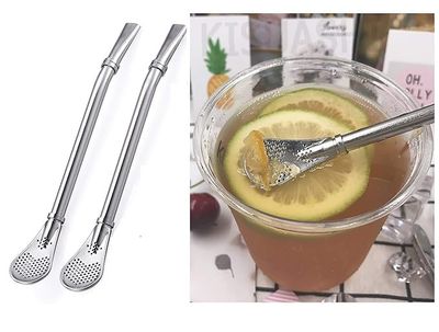 DOZERA 2Pcs Straw Spoons for Drinks, Drinking Steel Straws Strainer, Coffee Stirrer for Loose Leaf Tea, Soup, Cocktail Stir Filter Spoon.