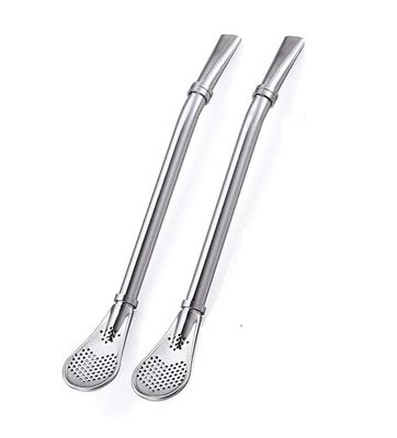 DOZERA Reusable Stainless Steel 2 in 1 Drinking Straws with Filter Spoon, Filtered Straw, Leaf Tea Coffee Stirrer Stick, Cocktail Strainer Pipe Stirring Spoon Silver (Pack of 2 Pcs)