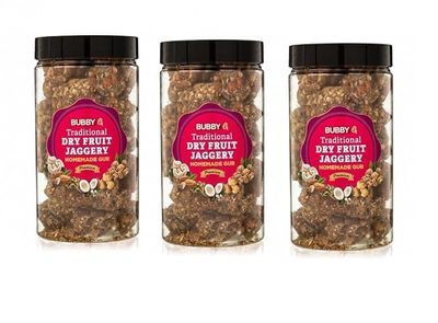 BUBBY G Dry Fruits Jaggery |Dry fruit gur Healthy sweetener Traditional Indian sweet Pure,Natural, No Preservatives Added 500 gm. (500gm Pack of 3)