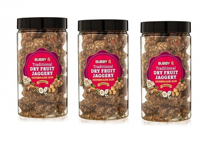 BUBBY G Dry Fruits Jaggery |Dry fruit gur Healthy sweetener Traditional Indian sweet Pure,Natural, No Preservatives Added 500 gm. (500gm Pack of 3)